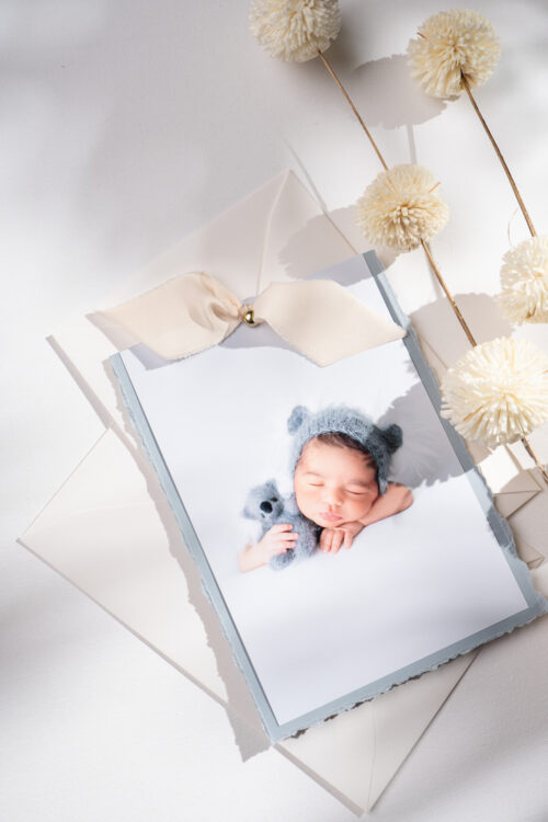 Delikatne zaproszenia na Chrzest ze zdjęciem i wstążką - dusty blue