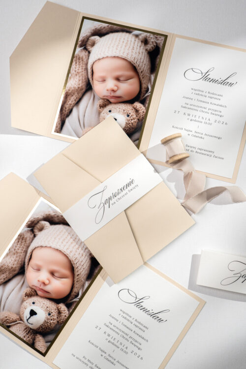 Zaproszenia na Chrzest ze zdjęciem - beżowe, eleganckie