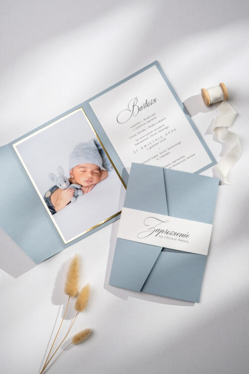 Zaproszenia na Chrzest ze zdjęciem - niebieskie, dla chłopca