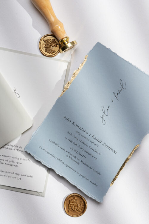 Zaproszenia ślubne złocone, dusty blue - Cotton Blue