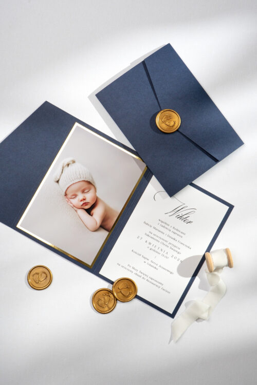 Zaproszenia na Chrzest ze zdjęciem - granatowe, eleganckie