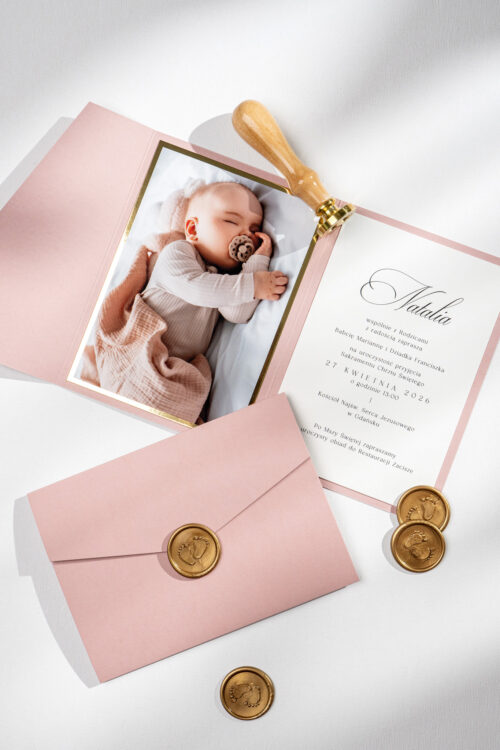 Zaproszenia na Chrzest ze zdjęciem - różowe, dla dziewczynki