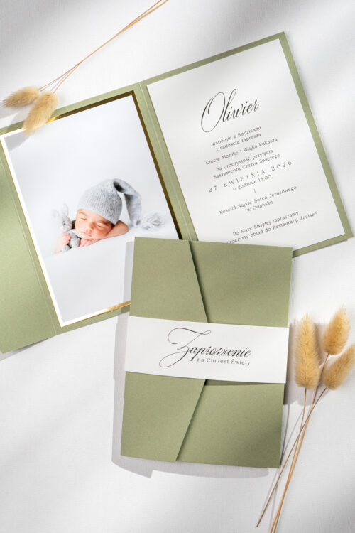 Zaproszenia na Chrzest ze zdjęciem - zielone, minimalistyczne boho