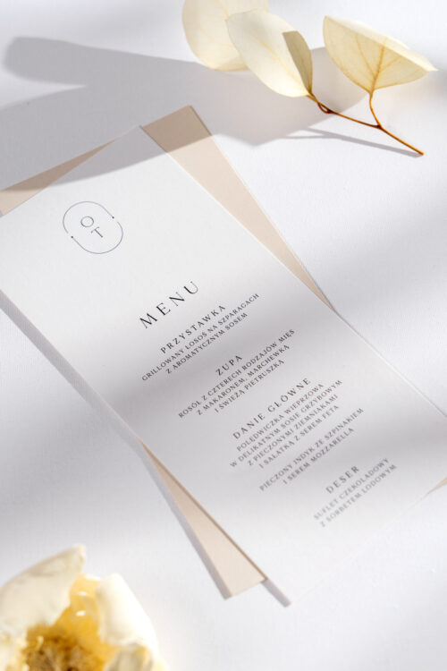 Menu weselne na talerzyk leżące minimalistyczne - Initials