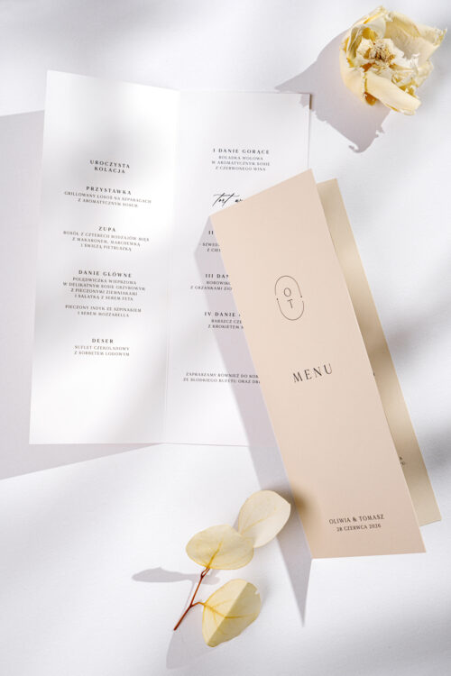 Składane menu weselne minimalistyczne - Initials