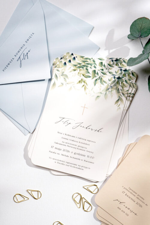 Zaproszenia na komunię nowoczesne botaniczne dla chłopca