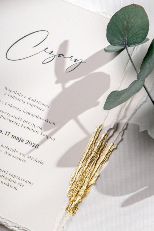 Ręcznie złocone zaproszenia komunijne, minimalistyczne eleganckie