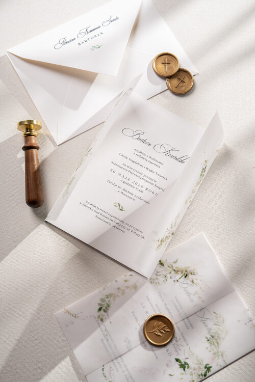 Zaproszenie na pierwszą komunię, minimalistyczne z motywem listków